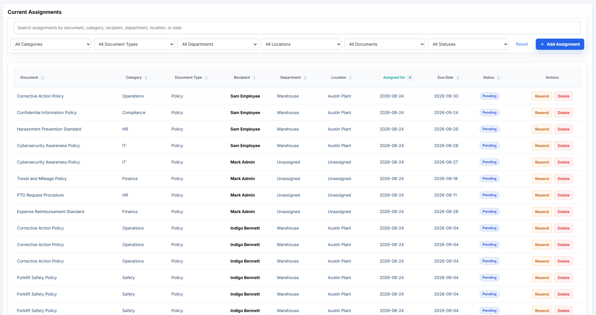 AcknowledgePoint current assignments table with filters, status, and assignment actions