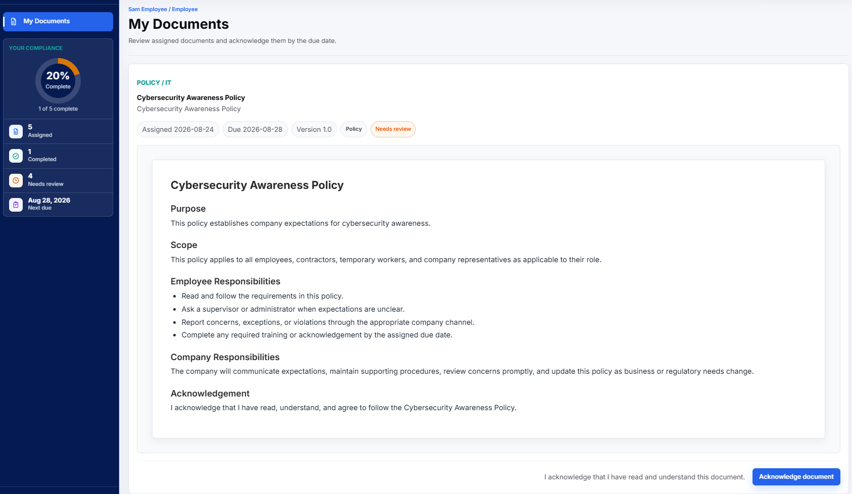 AcknowledgePoint employee My Documents workspace with assigned documents and acknowledgement actions