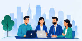 A business team reviewing policy acknowledgements together